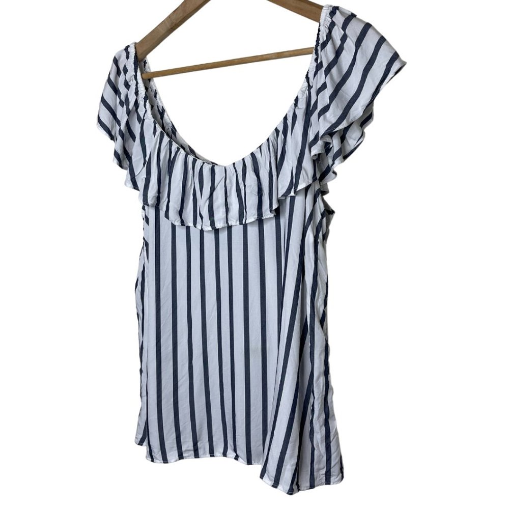 OLD NAVY | Blue and White Striped Ruffle Off Shoulder Top | Size L - Picture 3 of 7
